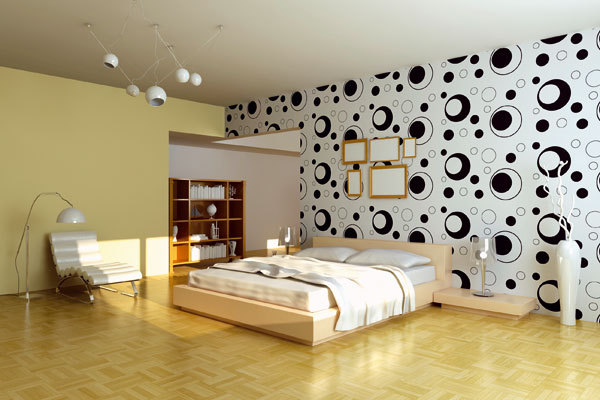 Обои с круглым рисунком в интерьере спальни с обоями двух видов