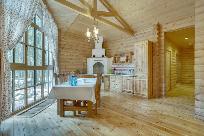 дизайн потолка в интерьере кухни в деревянном доме