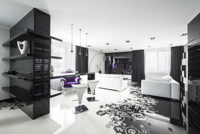 черно-белый интерьер комнаты с добавлением фиолетового цвета