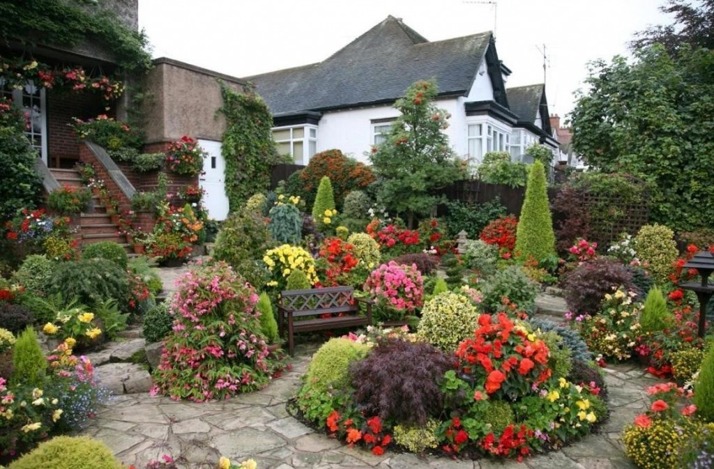 Цветы и кустарники в саду смешанного стиля
