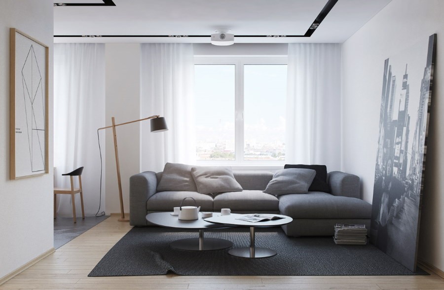 Угловой диван в зале минималистического стиля