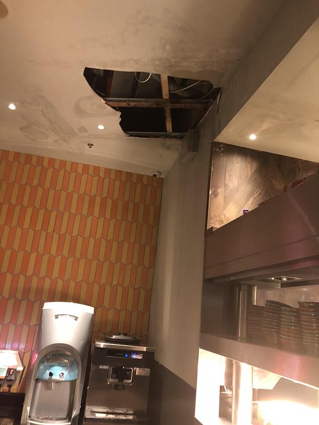 Pictures show the gaping hole in the ceiling and its proximity to plate racks and ice machine