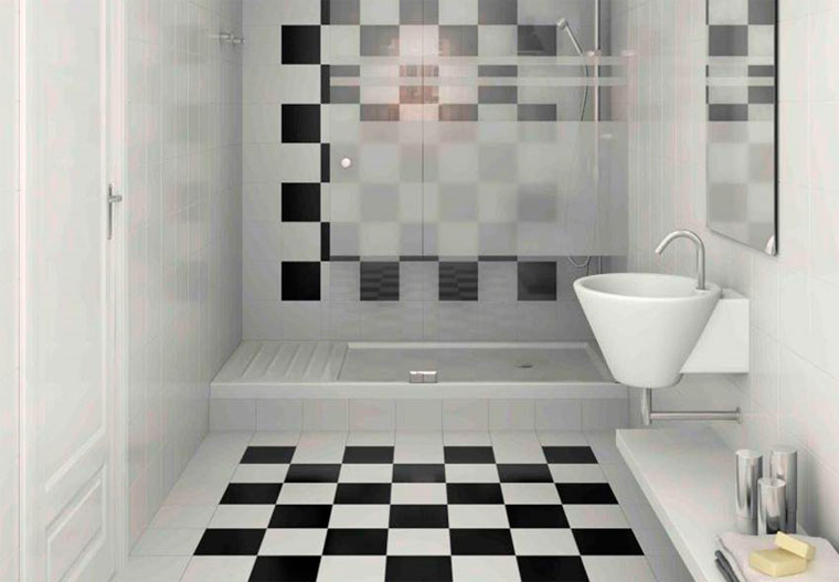 Интерьер ванной с черным полом в виде шахматной доски – фото
