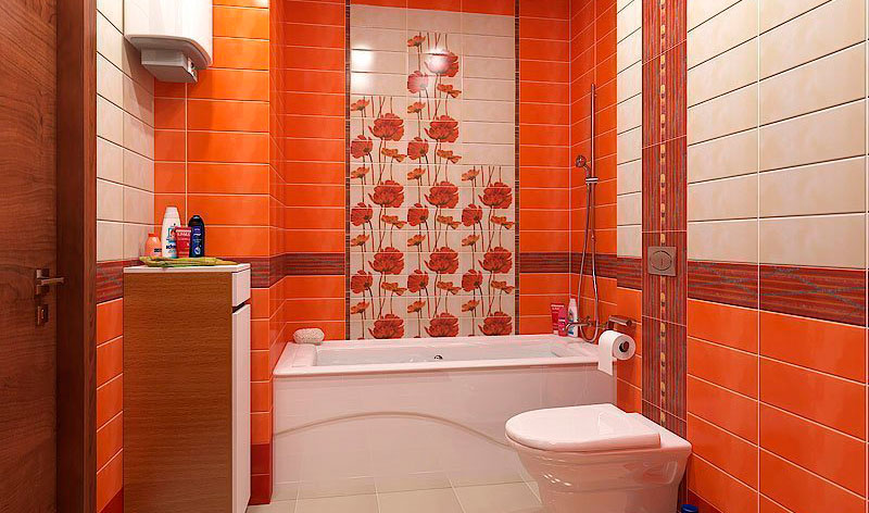 Ванная отделанная оранжевой плиткой 