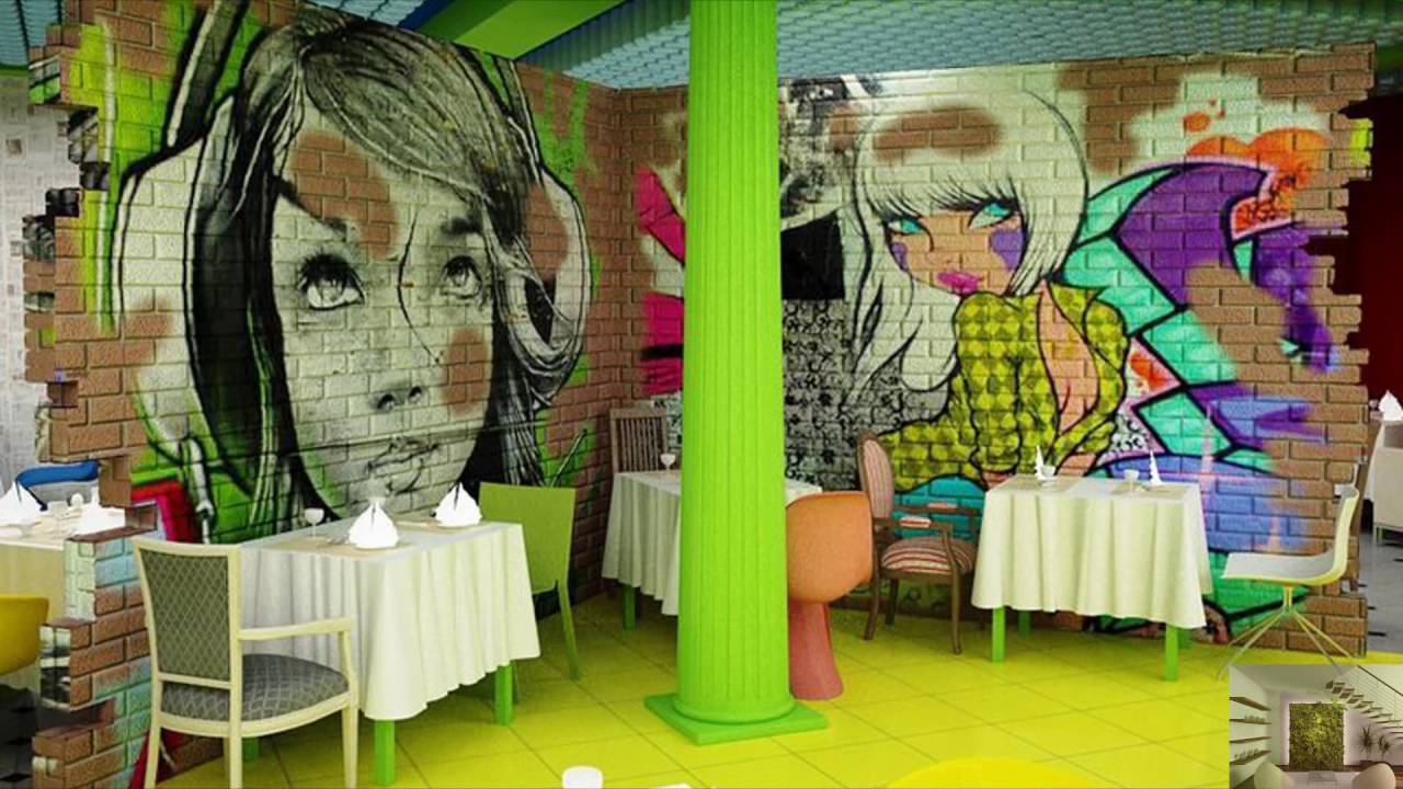 Кирпичная кладка с граффити в интерьере "китч"