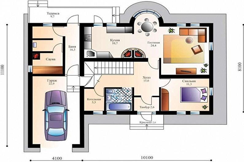 Современные проекты одноэтажных домов с гаражом - Одноэтажный дом с гаражом и сауной