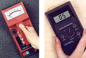 2 side by side photos: left - Photo 9 of red, handheld Tramex Capacitance meter and right - Photo 10 of black, digital, handhel Tramex Capacitance meter