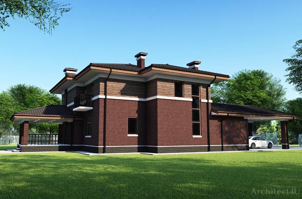 архитектурный проект загородного дома в стиле райта - архитектурное решение бокового фасада дома