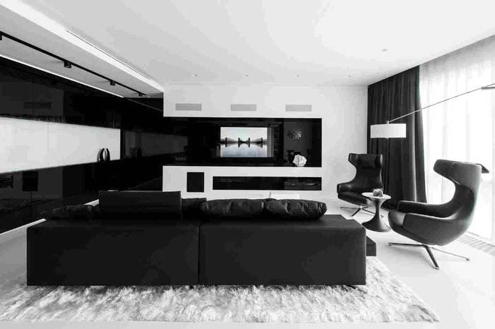 шикарный декор гостиной в черно белом цвете