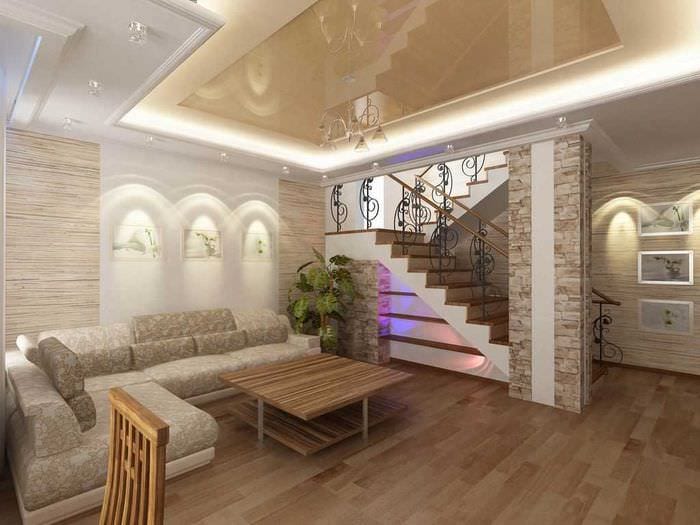 вариант светлого дизайна зала в частном доме