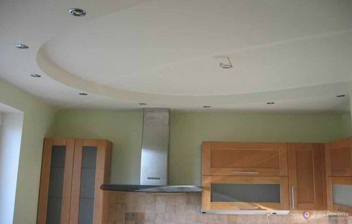 пример необычного дизайна потолка на кухне
