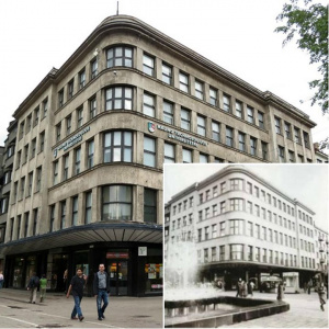 Крупная компания по переработке молока Pienocentras в 1931 г. в Каунасе стала инициатором постройки многофункционального центра. Совершенно новый тип здания спроектировал архитектор Ландсбергис-Земкалнис. На первом этаже здания располагались магазин и столовая компании. Также два этажа занимала парикмахерская. На третьем этаже находились офисные помещения, выше – жилые квартиры.